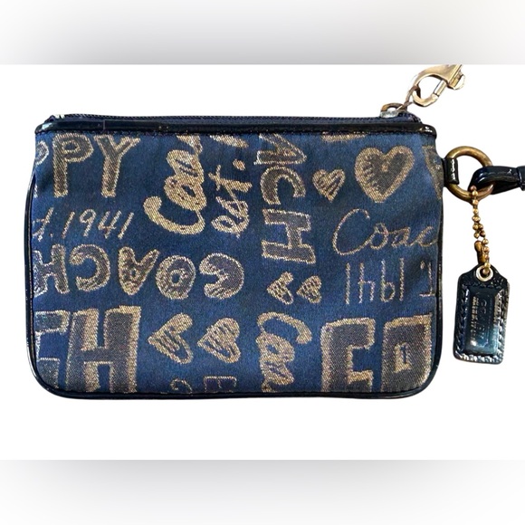 Coach Poppy Graffiti Navy Blue Gold Wristlet 
Change Purse Small Bag Strap - Picture 3 of 8